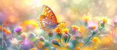 Wallpaper Mural Yellow�Santolina�flowers and butterflies in sunny meadow. Torontodigital.ca
