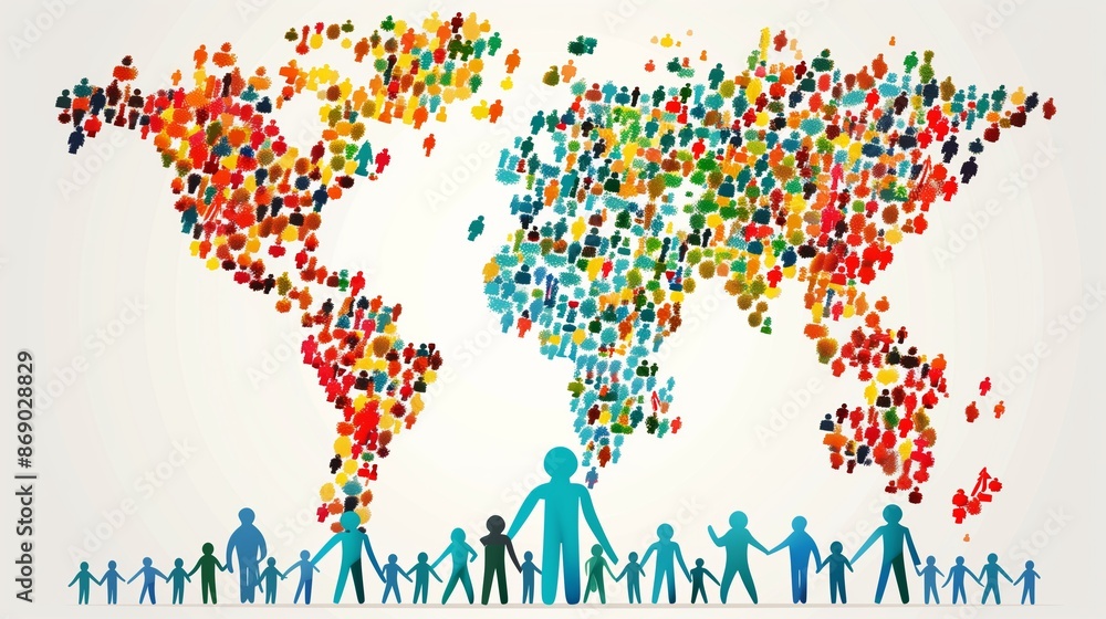 Fototapeta premium World Population Day Colorful World Map Made of Diverse Population Figures Representing Global Demographics Humanity and Social Equality
