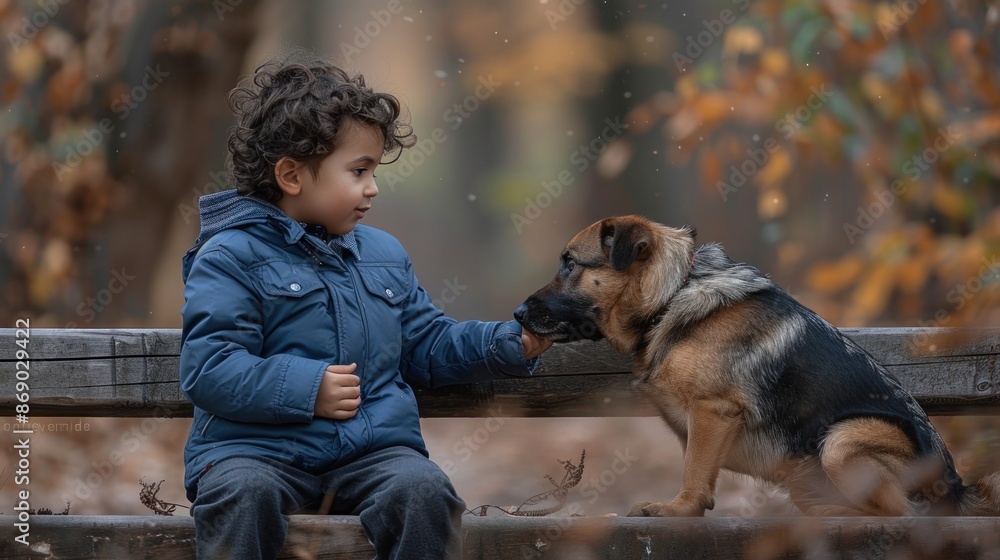 A young boy is sitting on a bench with a small dog. The scene is warm and friendly, with the boy and dog enjoying each other's company A young boy is sitting on a bench with a small dog. The scene is warm and friendly, with the boy and dog enjoying each other's company