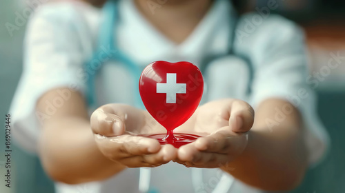 A medical professional holds a heart-shaped symbol with a cross, representing healthcare, support, and love in the medical field.