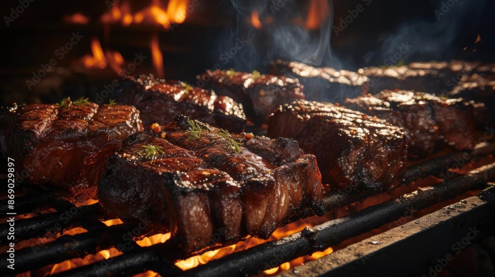 Realistic grilled barbeque with melted barbeque sauce and cut vegetables, black and blur background Realistic grilled barbeque with melted barbeque sauce and cut vegetables, black and blur background
