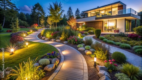 Fototapeta Naklejka Na Ścianę i Meble -  Illuminated curved pathway winds through lush flower beds and ambiently lit landscape garden surrounding a modern residential house exterior.