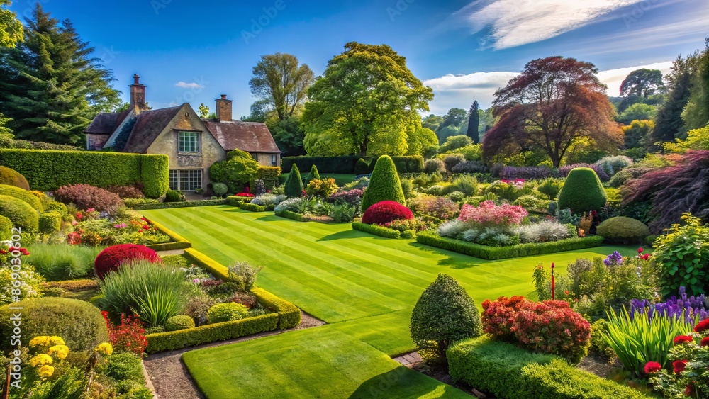 Obraz premium Serene English style garden featuring freshly mowed lawn, vibrant flower beds, and lush leafy trees under a clear blue sky.