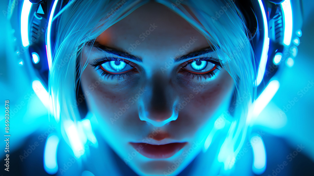 Close-up portrait of a futuristic woman with glowing blue neon lights and intense eyes, embodying high-tech and sci-fi aesthetics. Close-up portrait of a futuristic woman with glowing blue neon lights and intense eyes, embodying high-tech and sci-fi aesthetics.