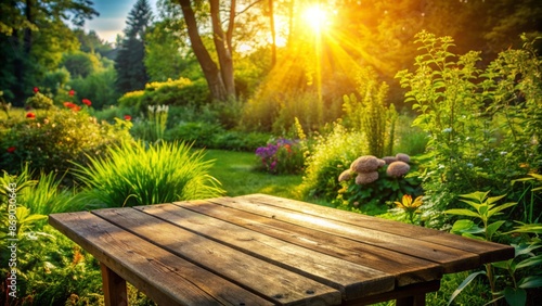 Serene atmosphere with warm sunlight illuminating a rustic wooden table against a lush green garden backdrop of foliage and grass.