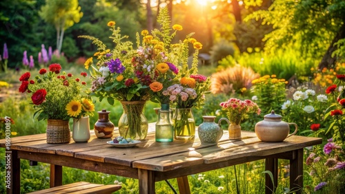 Rustic wooden table amidst lush greenery, surrounded by vibrant flowers and adorned with decorative vases, in a serene summer atmosphere.