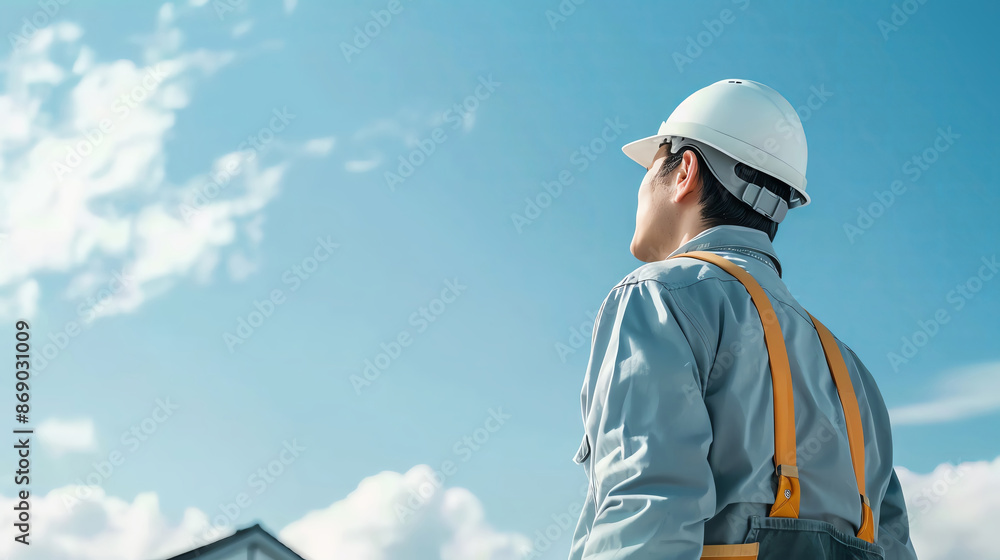 Workers in work clothes standing in the blue sky , construction, architecture, design, real estate, civil engineering, construction, site supervision Workers in work clothes standing in the blue sky , construction, architecture, design, real estate, civil engineering, construction, site supervision