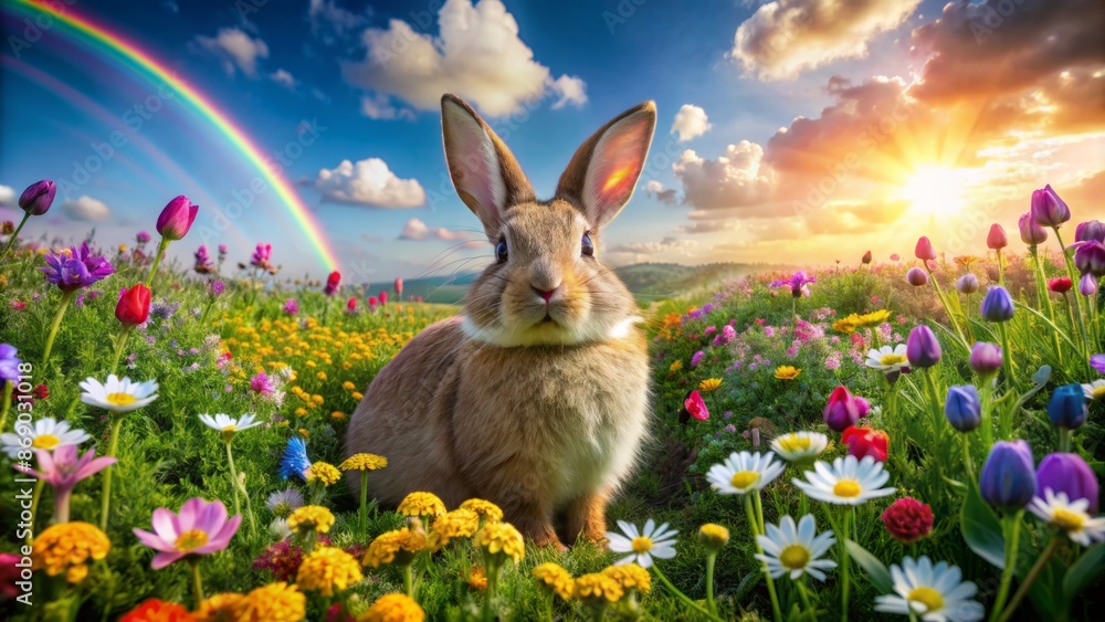 Fototapeta premium Delightful serene landscape featuring a joyful rabbit surrounded by vibrant rainbow-colored flowers in a lush green meadow.