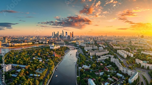 Panorama of Moscow at sunset Russia Nice landscape scenery of city park and Strogino district in Moscow northwest Aerial panoramic view of Moskva River bays Scenic Moscow skyline in su : Generative AI photo