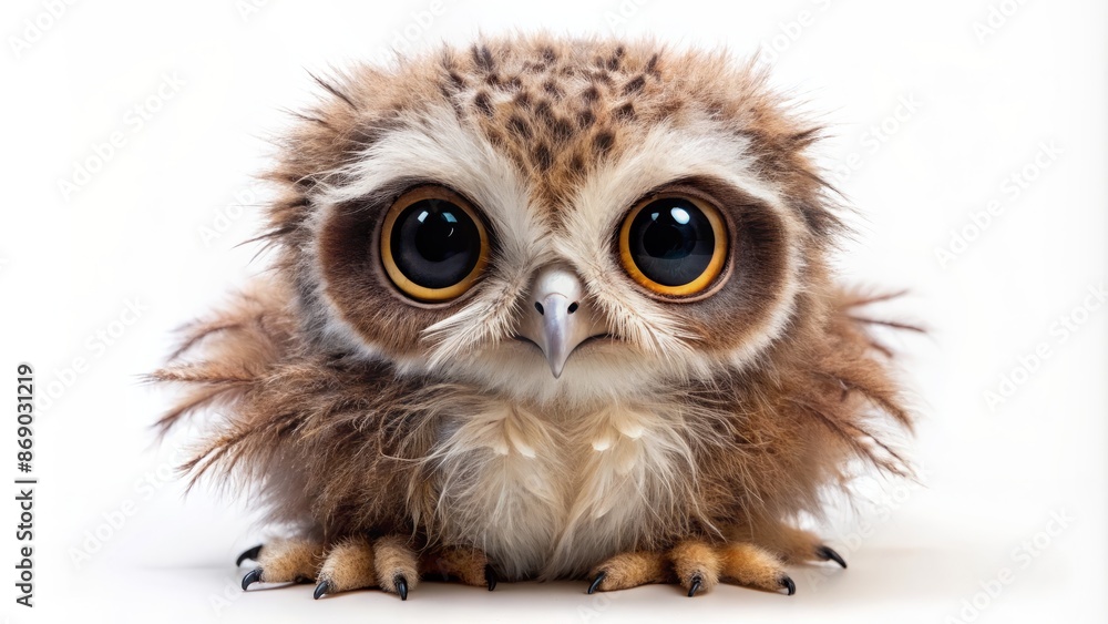 Obraz premium Adorable fluffy young owl chick with big round eyes and tiny wings sitting alone on a white background isolated.