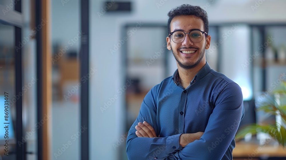 A handsome young Egyptian businessman standing in an office with his arms crossed and smiling at the camera, professional photography, portrait shot, Canon EOS R5, Canon EF lens, 80mm f/2 lens, A handsome young Egyptian businessman standing in an office with his arms crossed and smiling at the camera, professional photography, portrait shot, Canon EOS R5, Canon EF lens, 80mm f/2 lens,