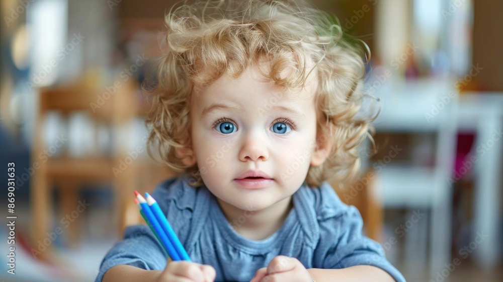 A young blonde child is holding a blue crayon and looking at the camera. The child is wearing a blue shirt and has blue hair. The scene is set in a room with a dining table and chairs A young blonde child is holding a blue crayon and looking at the camera. The child is wearing a blue shirt and has blue hair. The scene is set in a room with a dining table and chairs