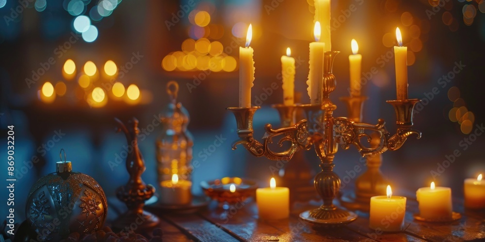 Lit candles on wooden table Lit candles on wooden table