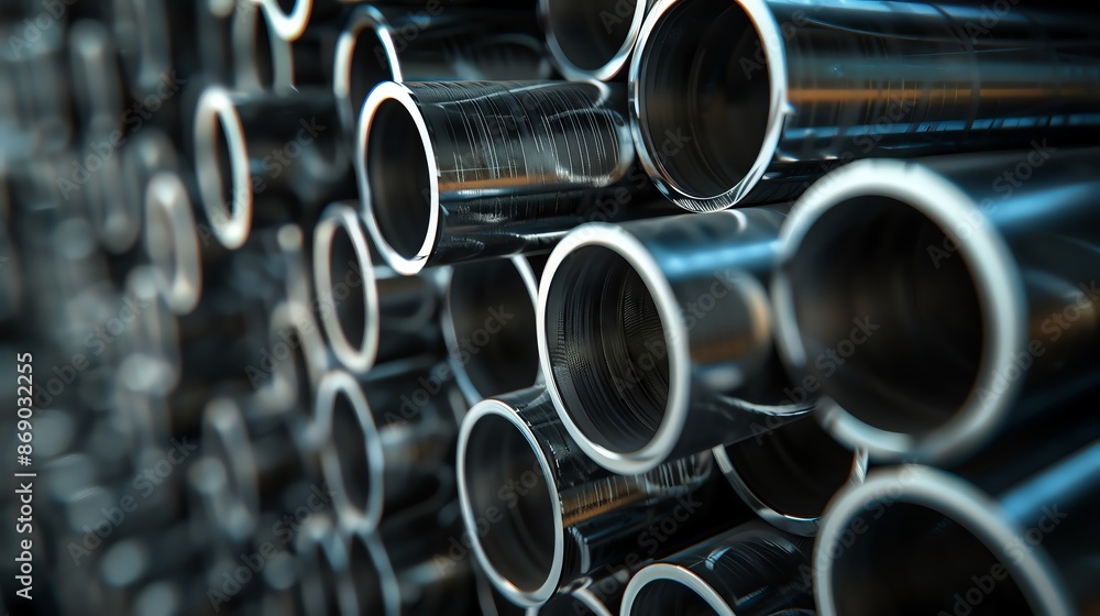 Stack of shiny metal pipes, industrial materials ready for construction, manufacturing, or plumbing purposes in a close-up view. Stack of shiny metal pipes, industrial materials ready for construction, manufacturing, or plumbing purposes in a close-up view.