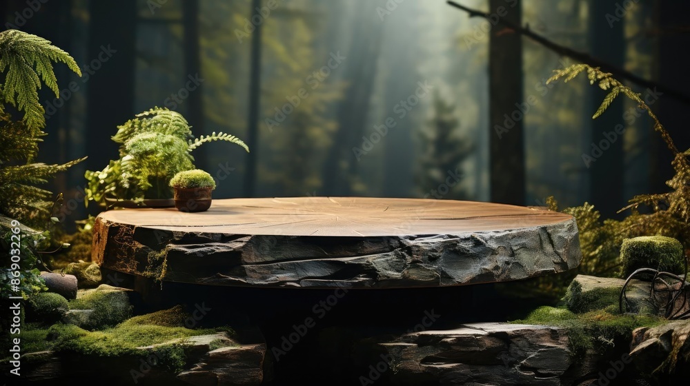 podium product stand or display with leaf, rock, forest background and cinematic light podium product stand or display with leaf, rock, forest background and cinematic light