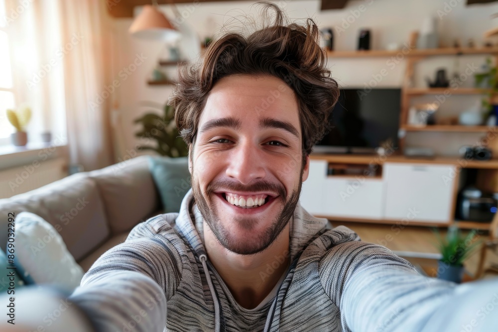 Handsome caucasian man taking a selfie indoor at home Handsome caucasian man taking a selfie indoor at home