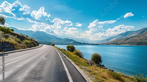 Asphalt road and lake with mountains nature landscape on a sunny day Beautiful coastline in summer season : Generative AI