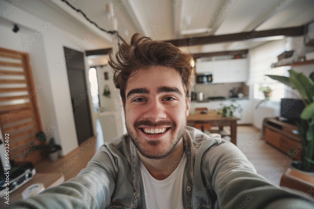 Obraz premium Handsome caucasian man taking a selfie indoor at home