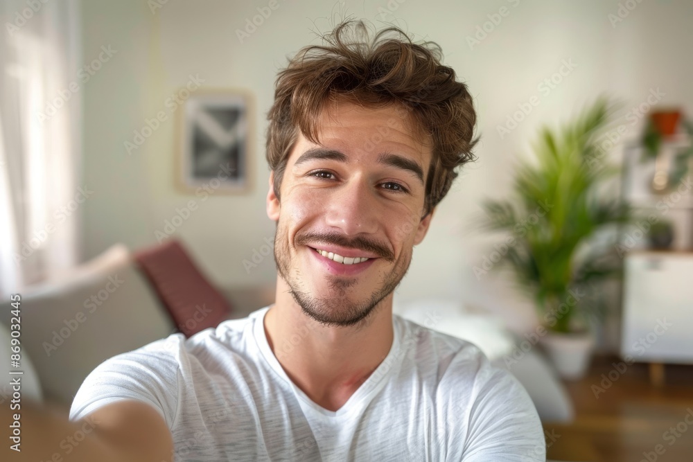 Handsome caucasian man taking a selfie indoor at home Handsome caucasian man taking a selfie indoor at home