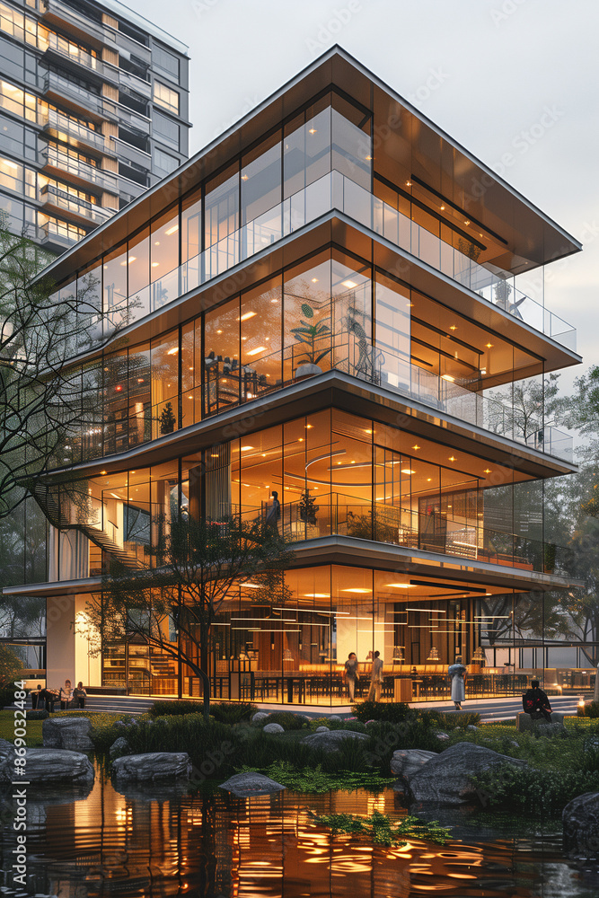 Fototapeta premium Glass material office building at night