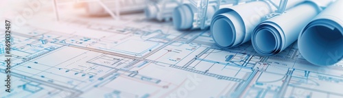 Architectural blueprint and technical drawings representing detailed planning and design of construction projects, reflecting engineering precision.