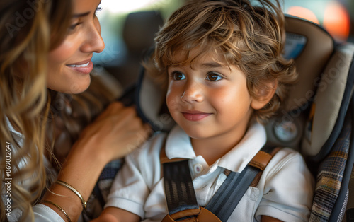 Portrait of a little boy wearing a seatbelt in a car photo