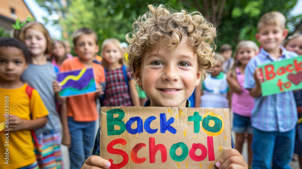 Happy schoolboy with a board written back to school , caucasian boy returning to school Happy schoolboy with a board written back to school , caucasian boy returning to school