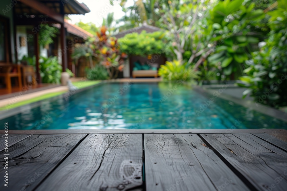 Fototapeta premium Tranquil backyard pool oasis at a lush retreat