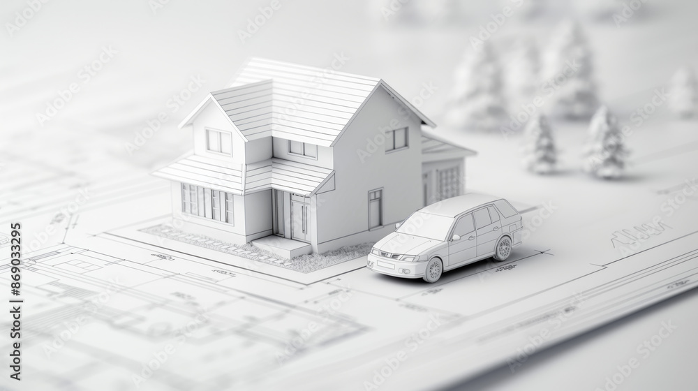 Three-dimensional white drawing of house, car placed on a blank page