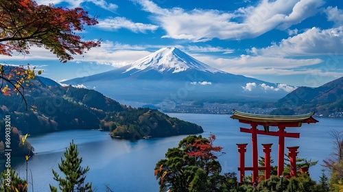 Mount Fuji Japan Lake Ashi view in Hakone : Generative AI