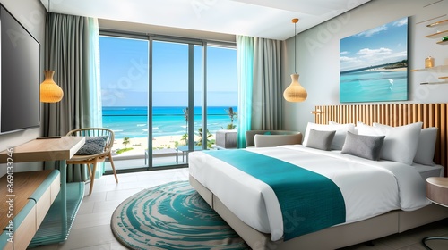 A deluxe hotel room with an ocean