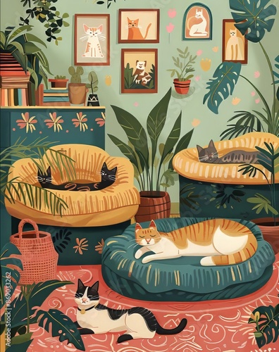 Cats in bed Vintage Illustration