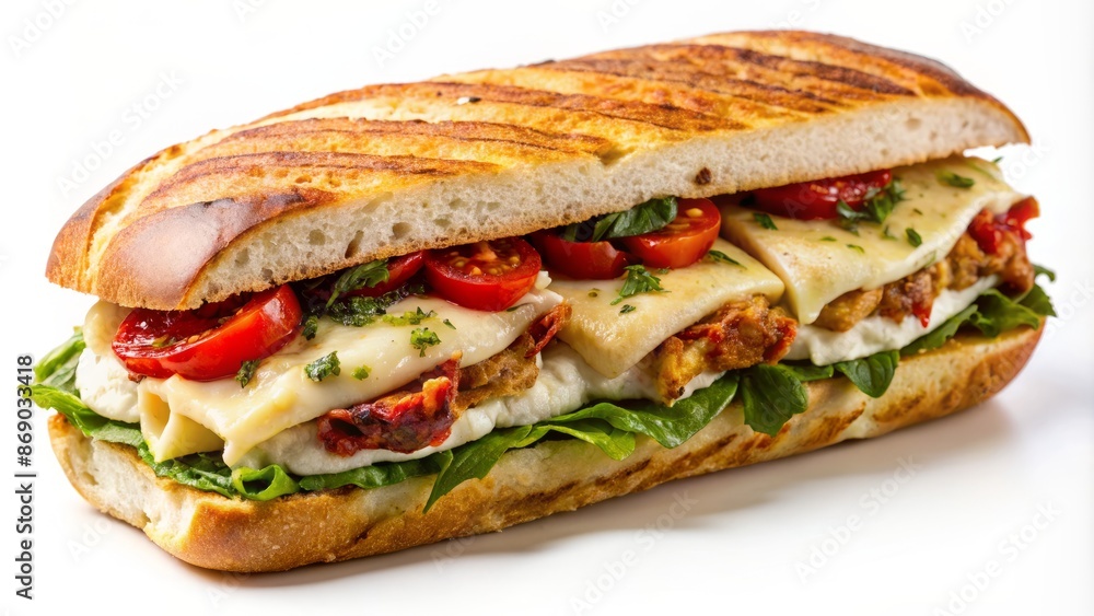 Freshly prepared pesto chicken panini with sun-dried tomatoes and melted mozzarella cheese on a crispy baguette, isolated on white background. Freshly prepared pesto chicken panini with sun-dried tomatoes and melted mozzarella cheese on a crispy baguette, isolated on white background.