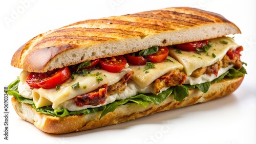 Freshly prepared pesto chicken panini with sun-dried tomatoes and melted mozzarella cheese on a crispy baguette, isolated on white background.