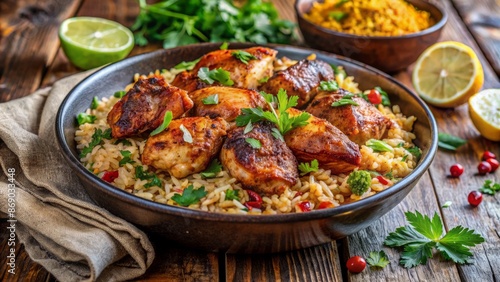 Flavorful, aromatic, savory rice dish mixed with tender, juicy, spicy marinated chicken, garnished with fresh herbs and spices.
