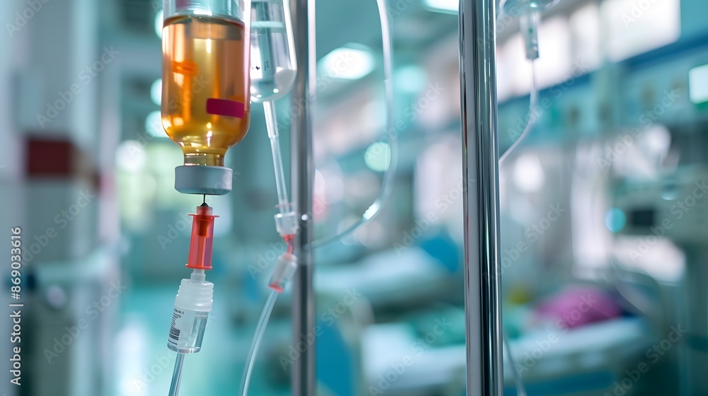 Close-up of a hospital bed with a patient receiving intravenous therapy. Close-up of a hospital bed with a patient receiving intravenous therapy.