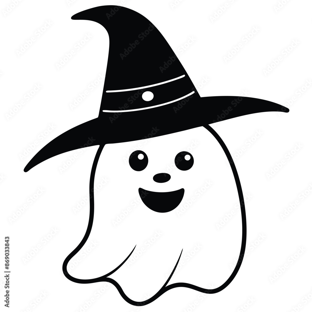Simple halloween cartoon ghost wearing witch hat. Happy Halloween concept. Simple halloween cartoon ghost wearing witch hat. Happy Halloween concept.