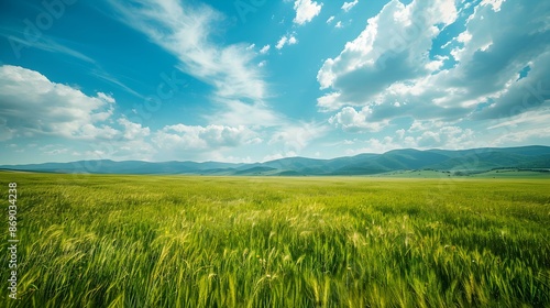 Landscape with endless meadows and distant mountains img