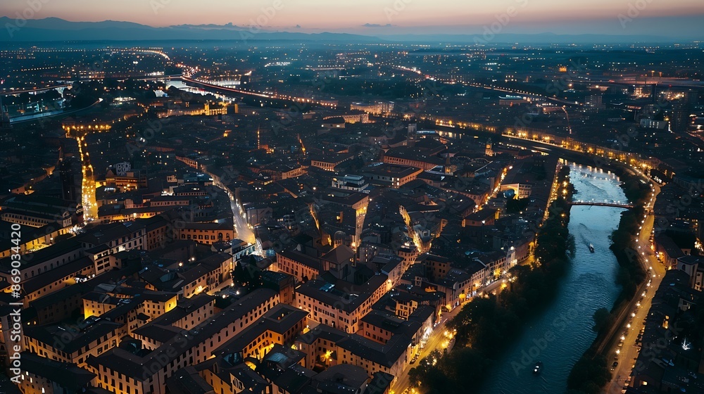 Fototapeta premium Aerial evening panorama of the historic center of Verona Italy Aerial view of night city center of Verona Italy Sunset over the city of Verona : Generative AI