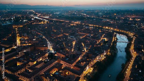 Aerial evening panorama of the historic center of Verona Italy Aerial view of night city center of Verona Italy Sunset over the city of Verona : Generative AI