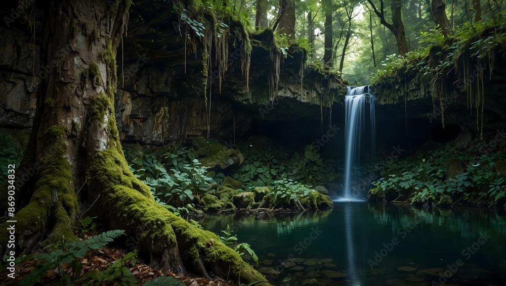 Fototapeta premium The mysterious atmosphere of a hidden grotto deep within an ancient forest ai_generated