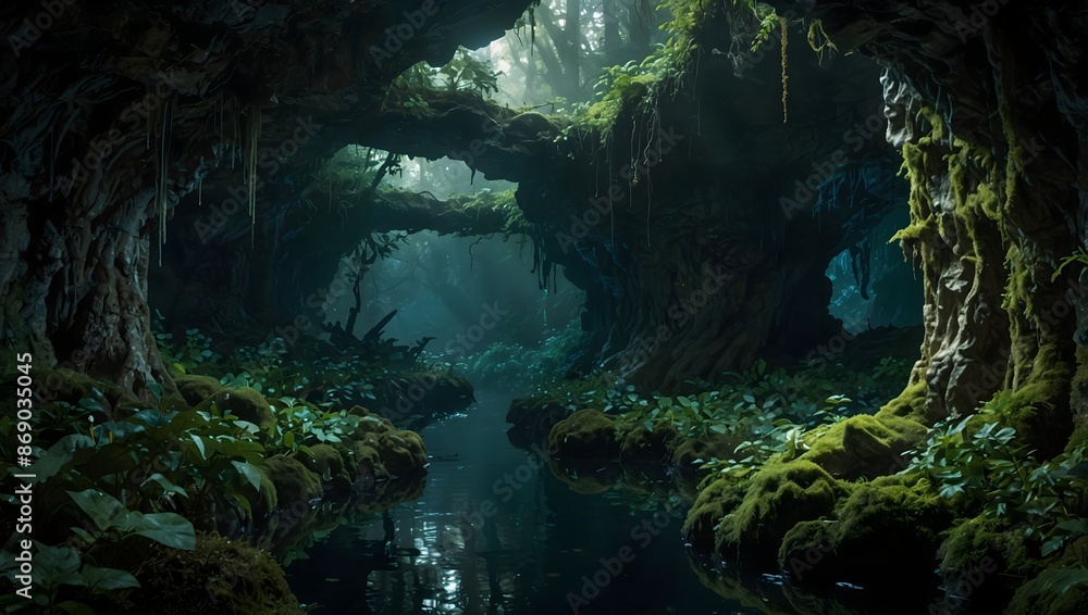 The mysterious atmosphere of a hidden grotto deep within an ancient forest ai_generated