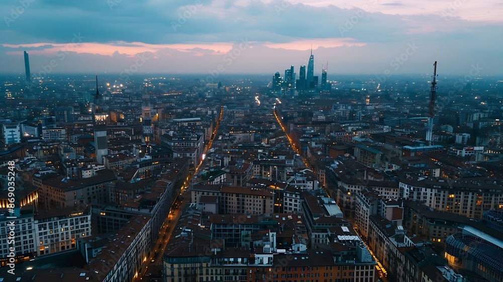 Naklejka premium Milan Italy aerial overview of the cityscape at dusk : Generative AI