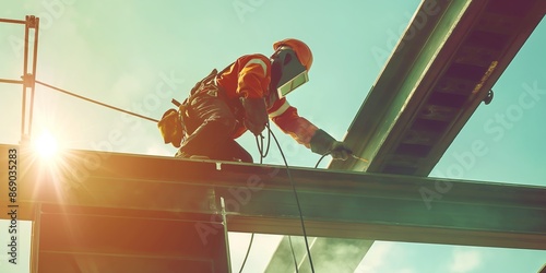 A construction worker is welding at a height on a structural frame, with safety gear and harnesses ensuring security. The sunny sky adds to the backdrop of diligent work. photo