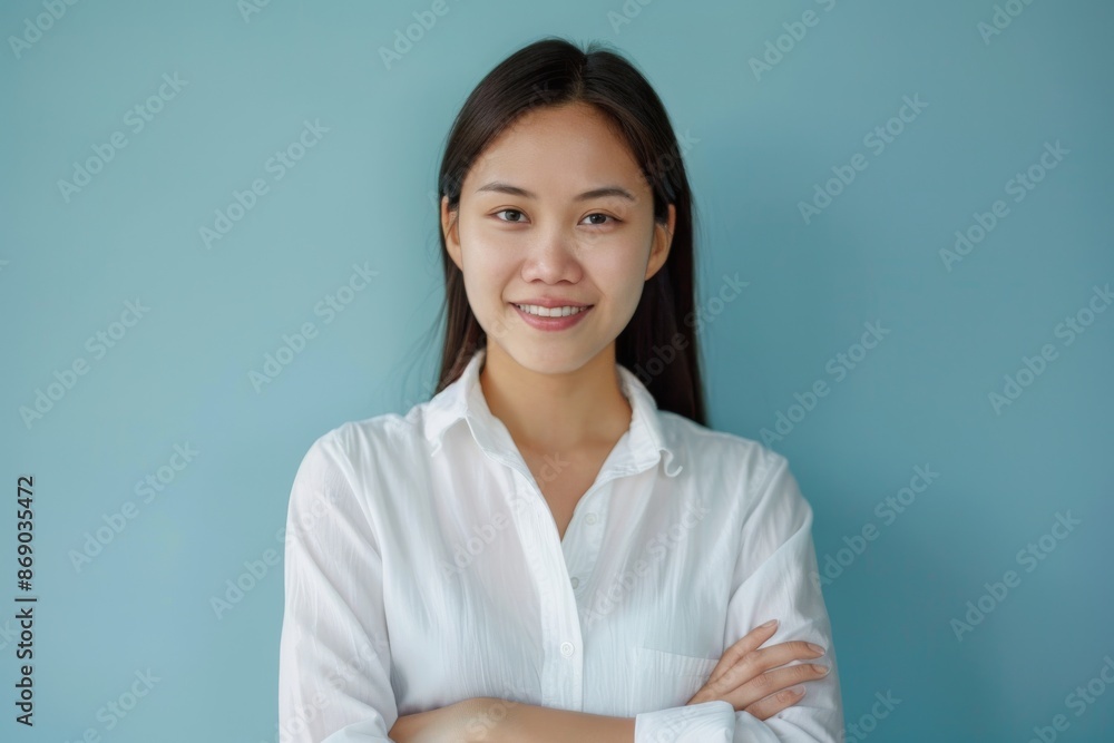 confident smiling young asian woman with crossed arms on light blue background confident smiling young asian woman with crossed arms on light blue background
