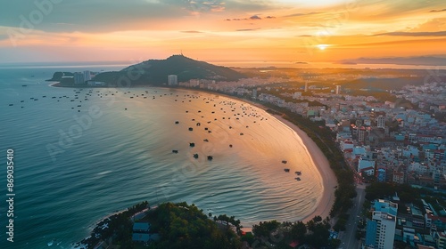 Vung Tau city aerial view with beautiful sunset and so many boats Panoramic coastal Vung Tau view from above with waves coastline streets coconut trees and Tao Phung mountain in Vietna : Generative AI