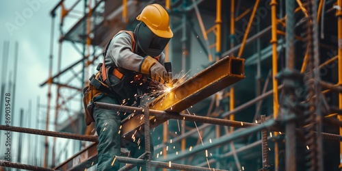 A worker is welding in a scaffolded environment, surrounded by metallic structures. They are wearing protective gear and a welding mask, with sparks illuminating the scene. photo