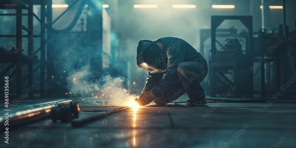 A welder, equipped with protective gear, sparks metal in an industrial setting, showcasing the intensity and craftsmanship involved in the welding profession. A welder, equipped with protective gear, sparks metal in an industrial setting, showcasing the intensity and craftsmanship involved in the welding profession.
