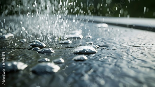 Realistic rainwater flowing into a gutter, detailed splashes, wet surface reflections, dynamic motion, intricate and lifelike