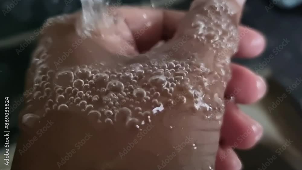Washing hands on tap with foam bubbles running water in the sink Washing hands on tap with foam bubbles running water in the sink